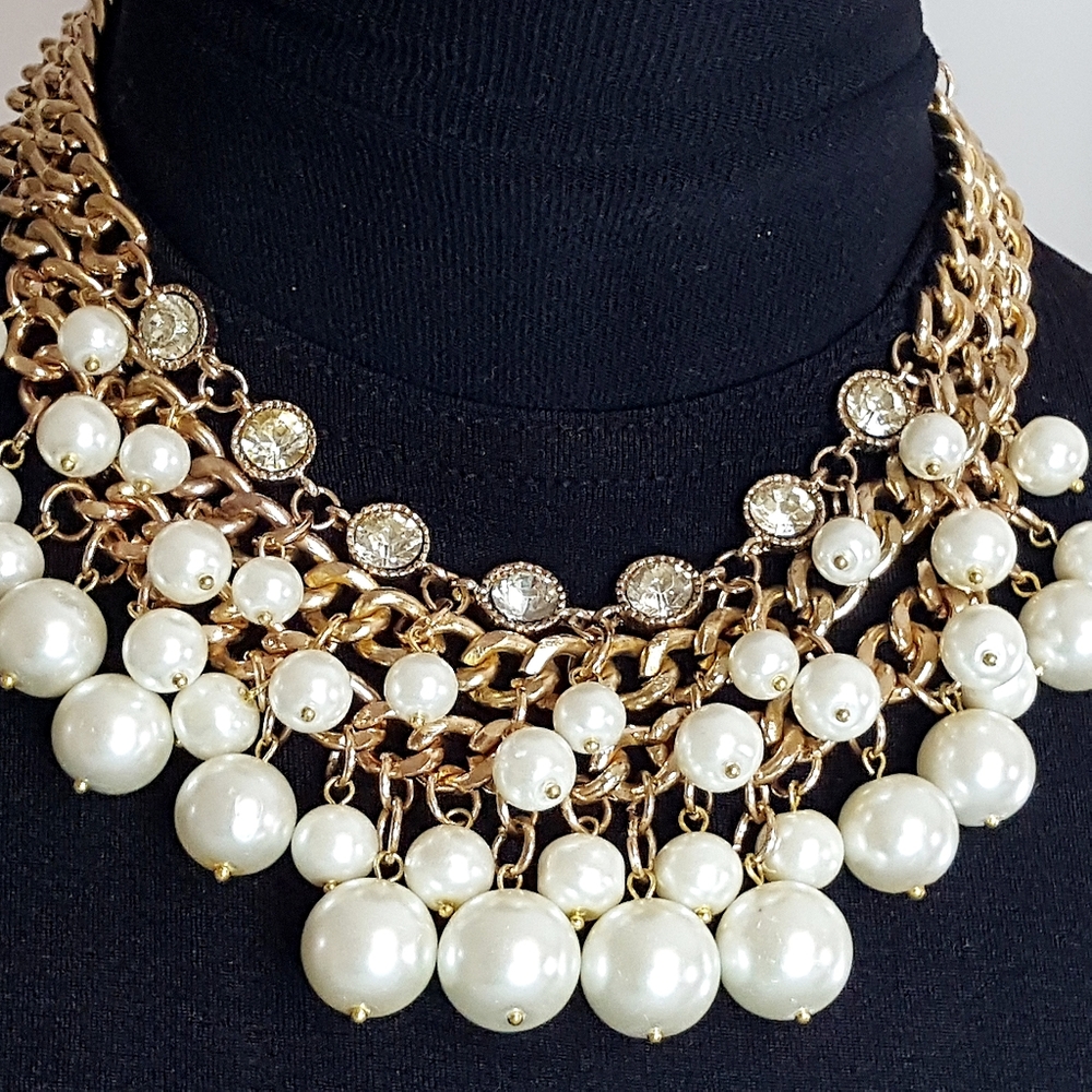 Vintage💛Multi-Layered Gold Tone Chunky Chains | Pearls | rhinestones